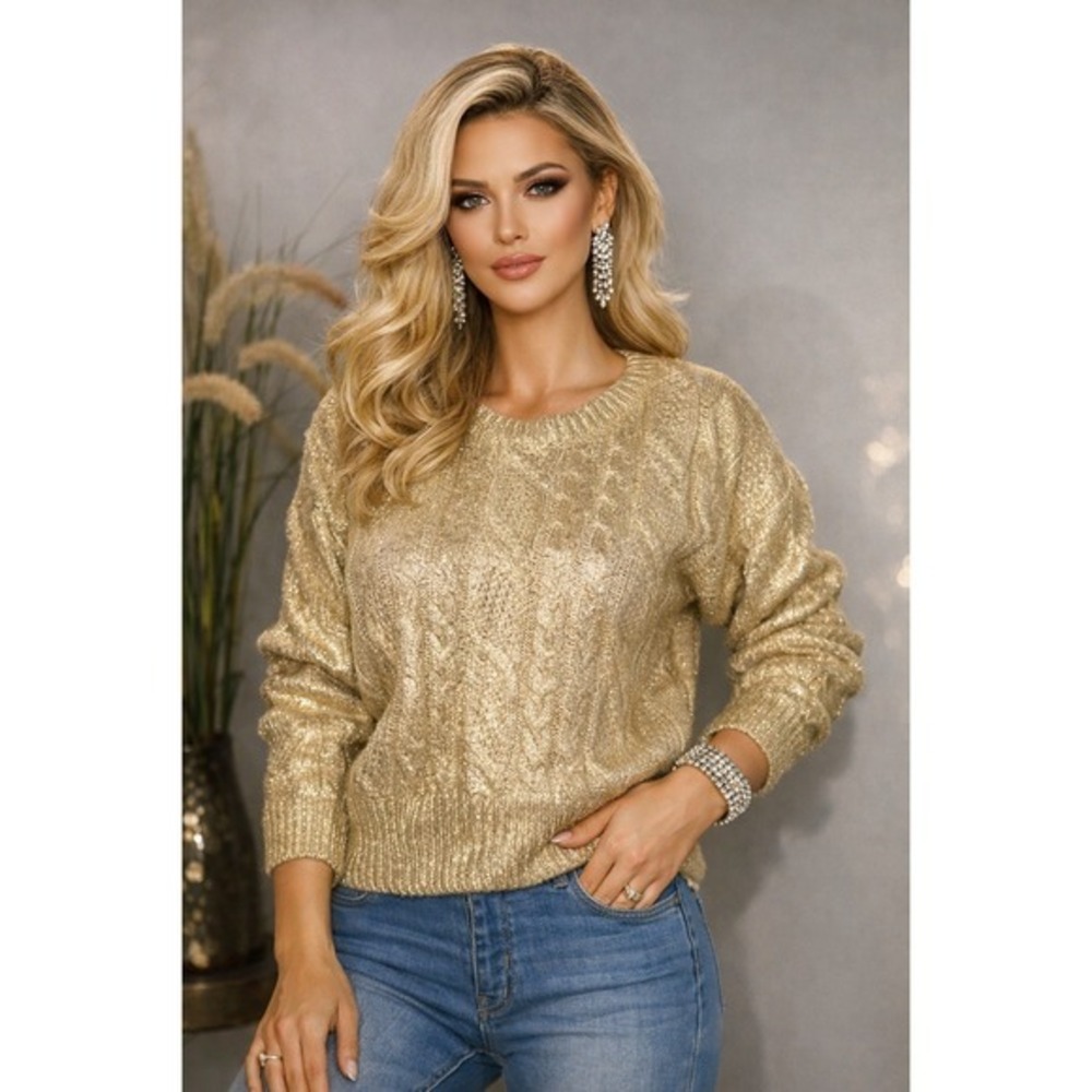 Hooked Up Gold Metallic Cable Knit Pullover Sweater Womens NWT size XL
